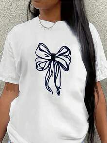 Women's Short-Sleeved Polyester T-Shirt With A Tie Design, Lightweight And Durable, Suitable For Casual Wear At Home, In Restaurants, Or In The Office. - White - View 7