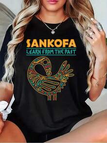 Women's T-Shirt With African Cultural Design Sancafa - Inspired By The Sancafa Bird Totem, Short Sleeve And Round Neck, Casual Style, Available In Black/Grey/White/Dark Red, Suitable For Traditional Ghanaian Outfits And Everyday Wear. - 黑色 - 查看 5