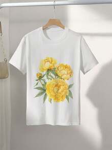 Camiseta con estampado gráfico, manga corta, cuello redondo, top casual para verano y primavera, ropa de mujer, ropa de invierno para mujer - Blanco - Ver 3