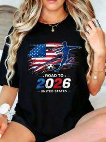 Women's Casual Style T-Shirt FIFA2026, USA Flag Design For The 2026 World Cup, Summer Clothing For Soccer Fans And Sports Enthusiasts - 黑色 - 查看 7