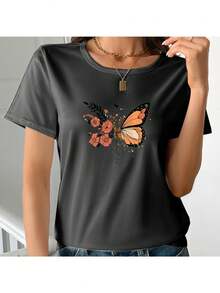 Women's Casual T-Shirt With Butterfly And Flower Design - Hand-Painted Design, Soft Pure Cotton Fabric, Short Sleeves, Round Neck, Breathable Summer Top, Machine Washable, Perfect Gift For Her, Suitable For All Seasons. IJWL - màu đen - Xem 7