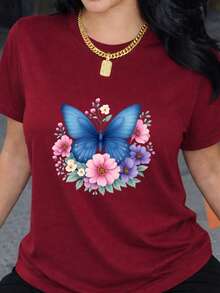 Charming Short-Sleeved Blouse Adorned With Bright Blue Butterflies And Floral Motifs, An Exquisite Women's Blouse Suitable For Both Casual And Semi-Formal Occasions. Pair It With Black Leather Pants For A Stylish Look. KN6A - 酒紅色 - 查看 1