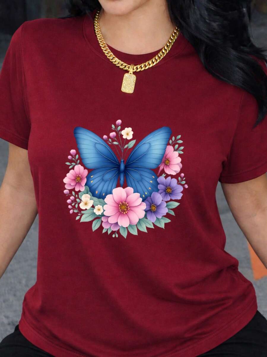Charming Short-Sleeved Blouse Adorned With Bright Blue Butterflies And Floral Motifs, An Exquisite Women's Blouse Suitable For Both Casual And Semi-Formal Occasions. Pair It With Black Leather Pants For A Stylish Look. KN6A - 酒紅色 - 查看 1
