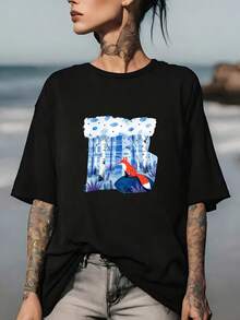 Magical Forest Fox T-Shirt | Soft And Comfortable | Ideal For Family Gatherings And Corporate Events | Perfect Holiday Gift | Fashionable Unisex Printed T-Shirt | Summer Essentials | Lightweight And Breathable | Casual Fashion T-Shirt | Unique Artistic Design | Suitable For Business Trips And Team-Building Activities. - 黑色 - 查看 6