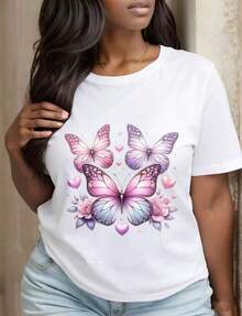Cotton T-Shirt With Bohemian Butterfly And Floral Heart Pattern Design, Fashionable Casual T-Shirt For Women, Summer Clothes, Gift For Her On Her Birthday Or Valentine's Day - 白色 - 查看 8