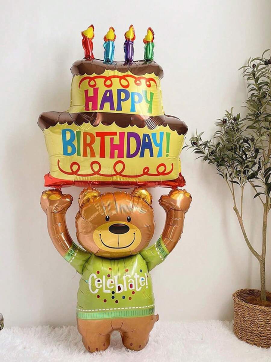 1pc Happy Birthday Party Balloon, Cute Bear Holding Cake Foil Balloon, Suitable For Birthday Party Decoration - Bear Holding Cake - View 1