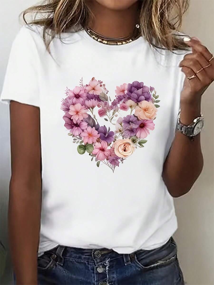 Talla Grande, Camiseta de Manga Corta Holgada para Mujer, Estampado de Corazones y Flores - Diseño Floral en Rosa y Morado, Cuello Redondo, Moda Talla Grande para Mujer, Lavable a Máquina