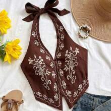Top corto con escote halter, espalda descubierta y lazo, con bordado floral, adecuado para festivales de música - Multicolor - Ver 1