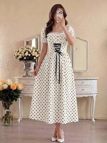 PETITE Vestido maxi elegante de vacaciones con cuello de volantes, mangas de pétalos, cintura con lazo y estampado de parches florales románticos en rosa - Rojo - Ver 7