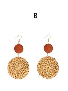1/2pcs Set Women Summer Handmade Woven Rattan Earrings And Bracelet Set, Circular Pendant Earrings With Matching Bangle - Multicolor - View 16
