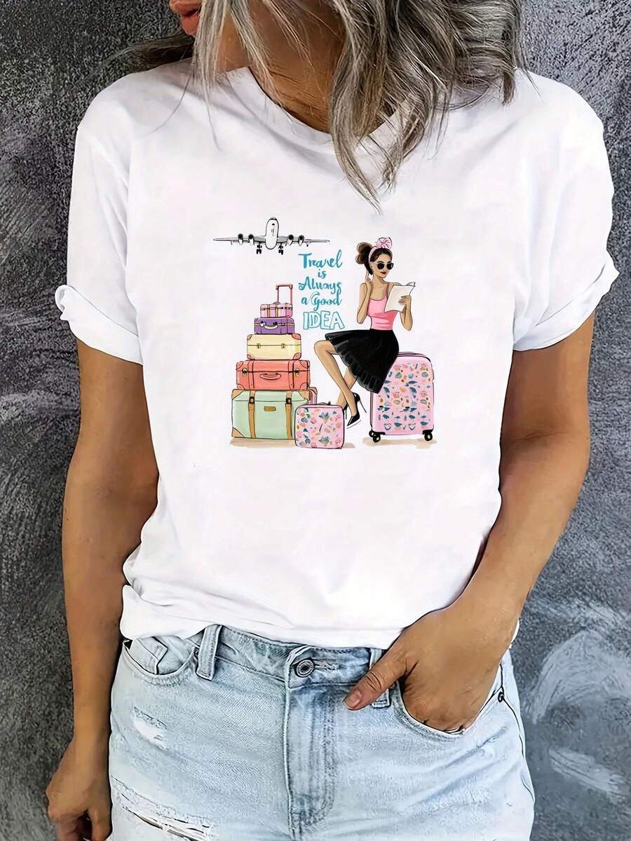Fun Travel T-Shirt With Colorful Feminine Illustration, Modern And Fresh Style, Ideal For Adventurous Women, One Size Fits All, White, Casual Fashion Category, Feminine. - 白色 - 查看 1
