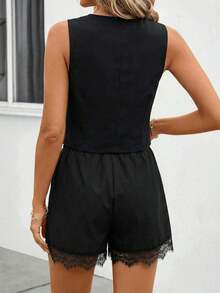 Conjunto de chaleco y pantalones cortos de verano a rayas para mujer - Negro - Ver 2