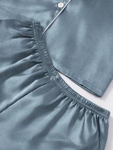 Conjunto de pijama de 3 piezas para mujer con cuello de seda falsa de unicolor y ribete contrastante - Gris - Ver 4