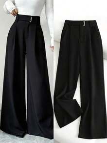 Pantalones rectos casuales de uso diario y para ir al trabajo con decoración de ojales en la cintura, nueva moda primavera/verano para mujeres - Negro - Ver 1
