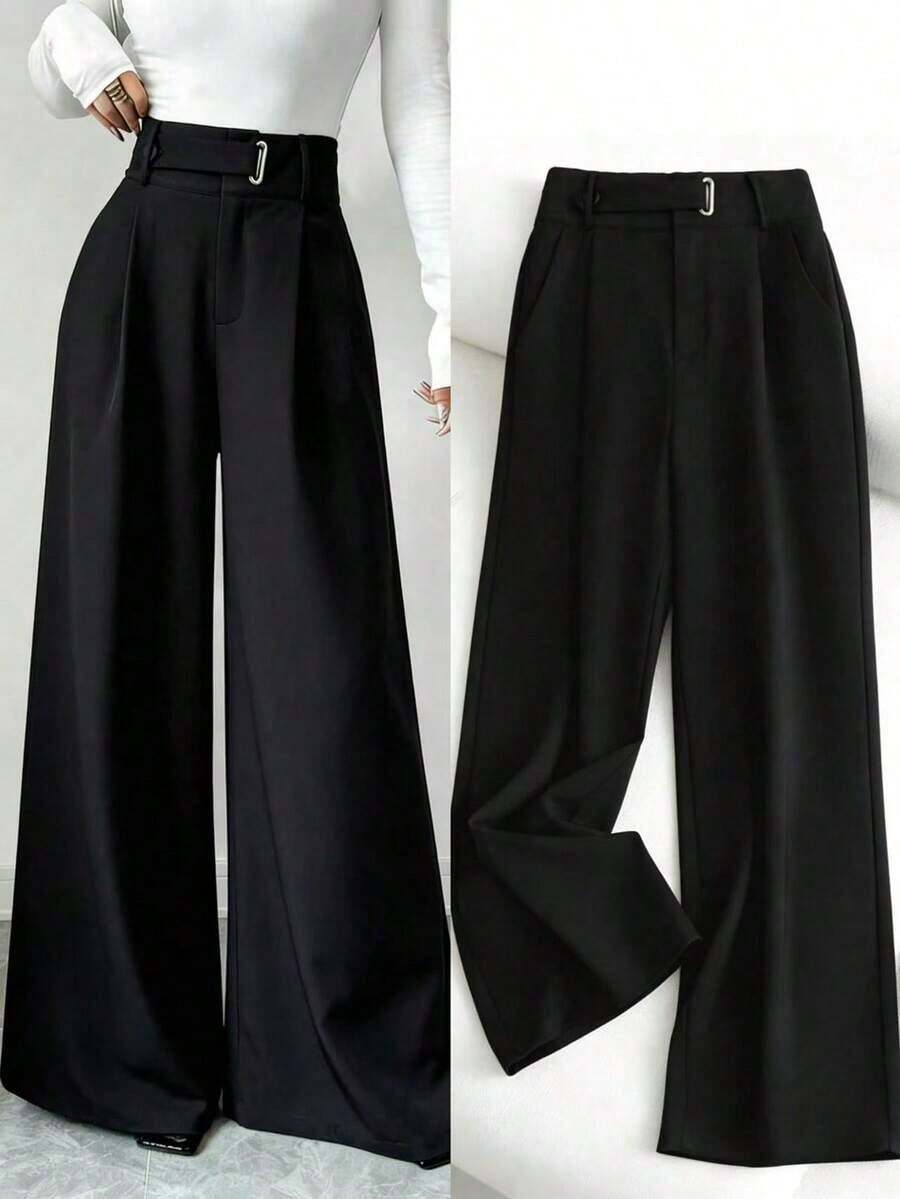 Pantalones rectos casuales de uso diario y para ir al trabajo con decoración de ojales en la cintura, nueva moda primavera/verano para mujeres - Negro - Ver 1