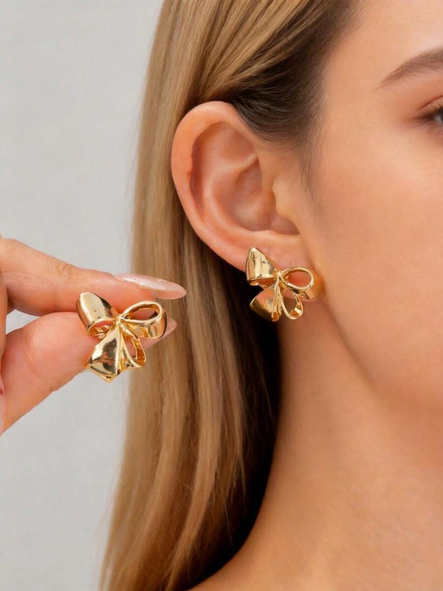1 Pair Minimalist Sweet French Asymmetrical Bow Earrings, Suitable For Dates, Weddings, Vacations, Campus, Gifts And More - Yellow Gold - View 1