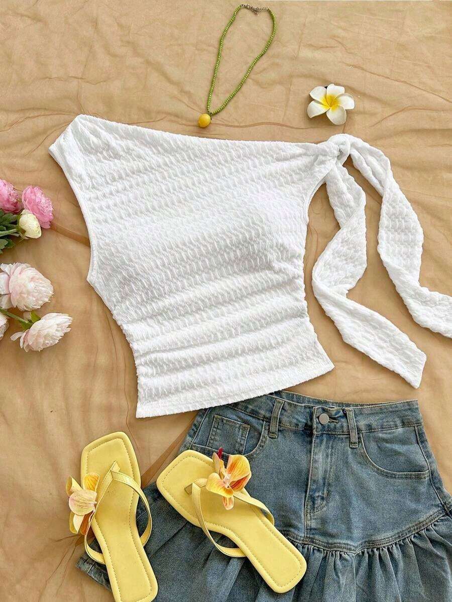 Top ajustado de mujer de hombros asimétricos con tirantes de amarre en color amarillo pálido, adecuado para fiesta, vacaciones, festival de música, estilo bohemio, cita de vacaciones, té de la tarde - Blanco 3 - Ver 1
