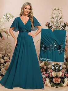 Elegante vestido de dama de honor de gasa con cuello en V, mangas con volantes bordados y plisados, vestido de noche formal para invitados de boda - Agua verde azul - Ver 7