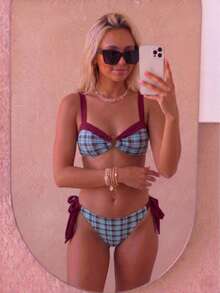 August vacation Bộ bikini quây ngực gợi cảm, thanh lịch, dễ thương dành cho nữ, họa tiết kẻ caro xanh dương, họa tiết hoa ngẫu nhiên, đồ bơi đi biển mùa hè. - Nhiều màu - Xem 4