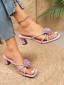 Women's Comfortable Square Toe Chunky Heel Sandals, 3D Floral Decor Thin Strap Open Toe Slides, Purple Faux Leather, Elegant Summer Beach & Daily Wear Slippers - Lilac Purple - View 6