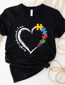 1 Autism Awareness T-Shirt, "Accept, Understand, Love" T-Shirt, Autism Heart Sweatshirt, Puzzle Piece Design T-Shirt, Gift For Teachers, Hoodie For Special Education Teachers, Gift For Mom. Casual Fabric 180g 100% Cotton - 黑色 8 - 查看 7