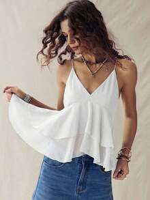 Top de tirantes finos con volantes de estilo bohemio americano en color negro para mujeres, estilo hippie, rave y western - Blanco - Ver 8
