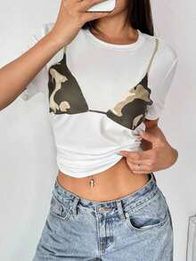 Camiseta casual, suelta, de cuello redondo y manga corta para mujer, primavera/verano - Blanco - Ver 5