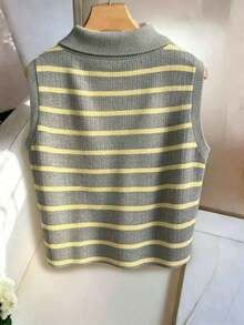Chaleco de punto casual y elegante con cuello y rayas para mujer - Multicolor - Ver 2