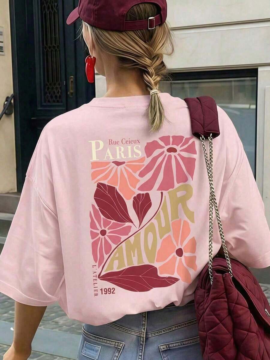 Women's "Paris Lover" Floral Print Short-Sleeved Crew Neck T-Shirt, Loose Fit, With A Parisian Touch, Romantic Style, For City Walks, Dates, Cherry Blossom Season, Brunch, Spring/Summer - 淺粉色 - 查看 1