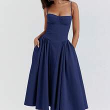 Women's Beige Corset Spaghetti Strap Midi Dress, Sweetheart Neck A-Line Flare Dress, Elegant Bridesmaid & Wedding Guest Dress - 24586-深藍色 - 查看 1