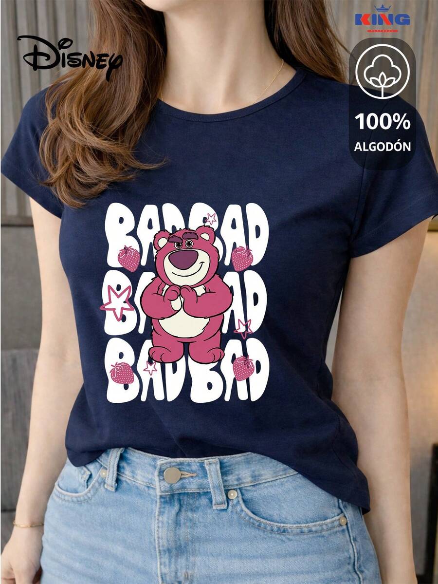 This High-Quality 100% Cotton T-Shirt Guarantees Exceptional Softness To The Touch, A Round Neck With A "Disney Bad Bear" Print, And Short Sleeves. - 藏蓝色 - 查看 1