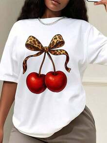 New Summer Collection 2026: Shipped Locally, Women's Oversized Style, Fashionable T-Shirt With Cherry Print And Leopard Bow, Stylish T-Shirt With Attractive Design, Fashionable Shirt For Casual Wear, Classic T-Shirt With Unique Pattern, Great T-Shirt For Fashion Lovers, Oversized T-Shirt For Women, Perfect For Parties Or Gifts, Soft And Comfortable, 100% Pure Cotton. - 白色 - 查看 7