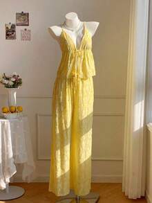 Conjunto casual de 2 piezas de mujer con rayas tejidas, para primavera/verano - Amarillo - Ver 5