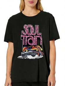 Women's Casual T-Shirt, "The Soul Train" Graphic Design In Vibrant Colors, Short Sleeve, Comfortable For Casual And Elegant Outfits, Lightweight And Breathable, Machine Washable, Regular Fit, Crew Neck, 100% Cotton, Durable - 黑色 - 查看 2