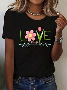 Women's T-Shirt - Mother's Day Print T-Shirt - Soft Pink And Gray, Short Sleeve, Round Neck, Casual Style With Heart Cutouts And Mother's Day Lettering - Breathable Summer Blouse For Spring Celebrations, Family Gatherings, Casual Wear - Machine Washable Gift Garment - 黑色 - 查看 6