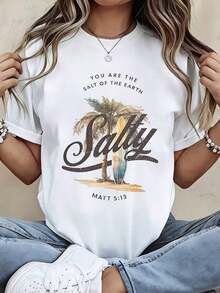 Camiseta de Moda para Mujer con Estampado de Palmera y Tabla de Surf, Versículo Bíblico Mateo 5:13, para Playa y Uso Casual de Verano Adecuado como regalo. playera de mujer. blusas>elegantes. boho chic,Top de mujer suave, transpirable y cómodo, ideal para primavera, verano y otoño, perfecto para vacaciones, viajes y uso diario. - Blanco - Ver 7