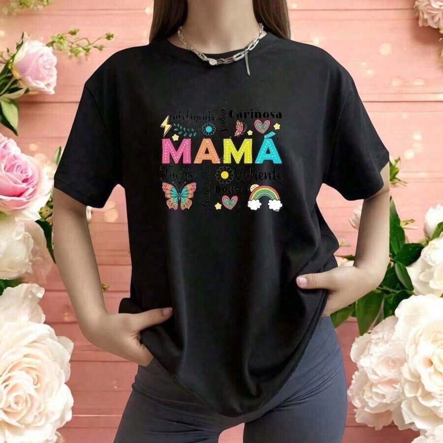 Short-Sleeve Round Neck T-Shirt Blouse For Women, Mom With Affectionate Phrases, Casual And Emotional Clothing For Mother's Day Gift, Casual Blouses For Women, 100% Cotton - 黑色 - 查看 1