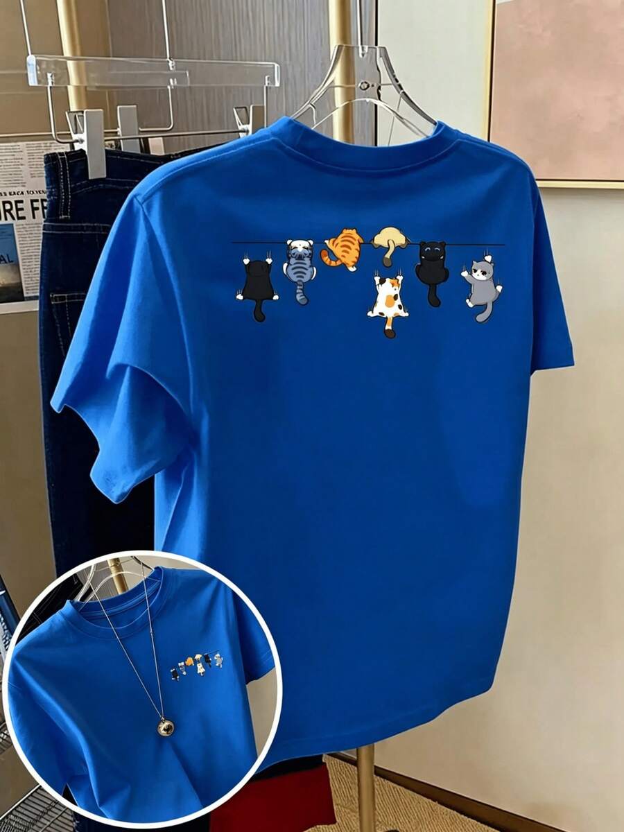 Mexican Basic Short-Sleeve T-Shirt With Front And Back Print - Cat Lanyard, Cartoon Cat Print. Unisex Loose-Fitting Printed T-Shirt For Men And Women, Casual Spring And Summer Wear, A Fashion Essential. New Release - 藍色 - 查看 1