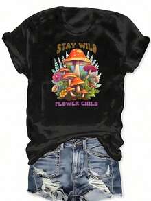 Playeras de mujer Stay Wild Flower Child, camiseta con estampado floral de hongos, camiseta con estampado boho, manga corta, cuello redondo, top casual para verano y primavera, ropa de talla grande para mujer, blusas para mujer. - Negro - Ver 2