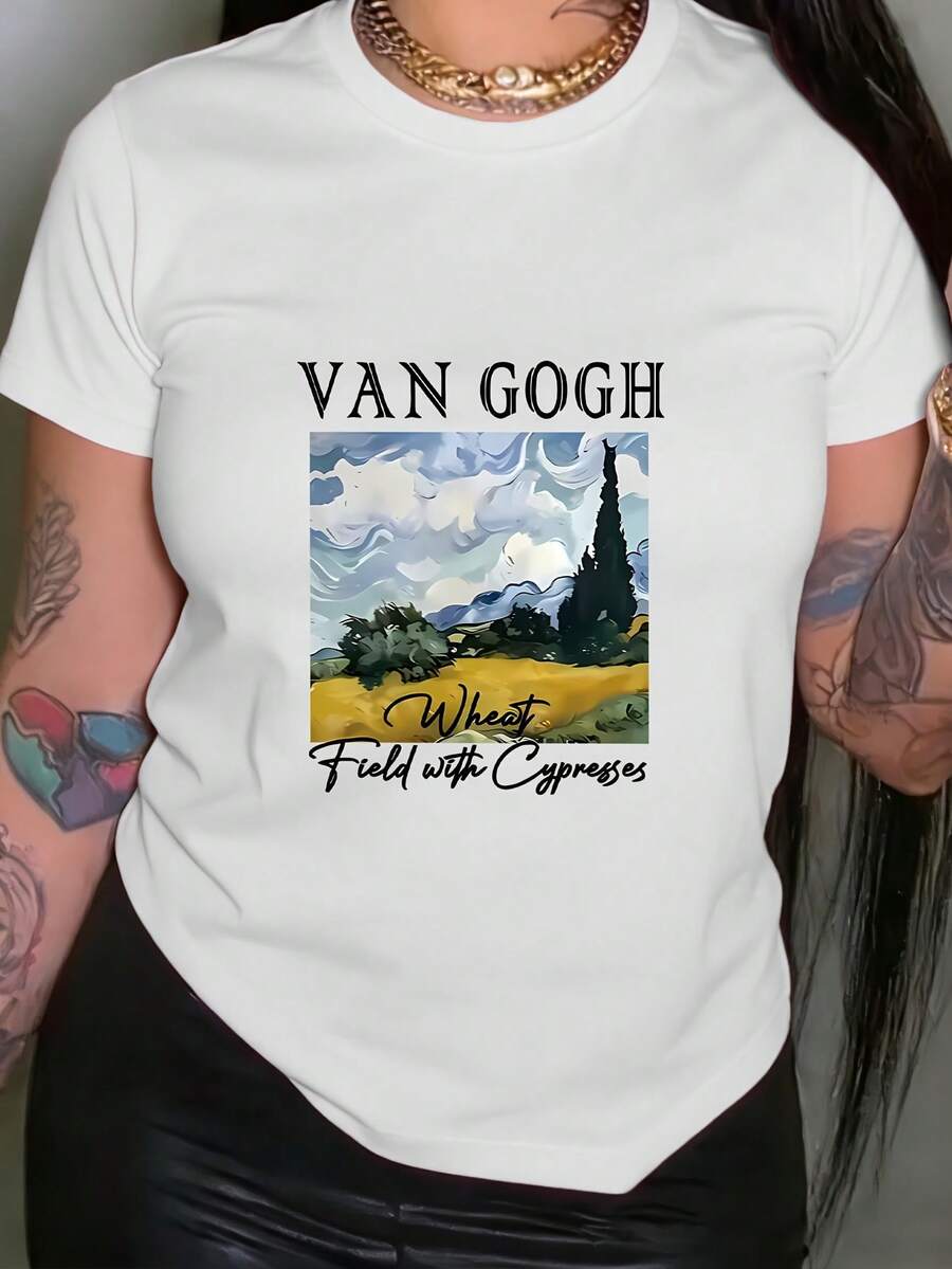 Women's T-Shirt 100% Cotton - Van Gogh T-Shirt For Women - Short Sleeve, Round Neck, Casual Style With Van Gogh Print, Not Compatible With Blouses, For Galleries, Casual And Themed Outfits. | Machine Washable Spring And Summer Clothing (Regular Fit) - 白色 - 查看 1