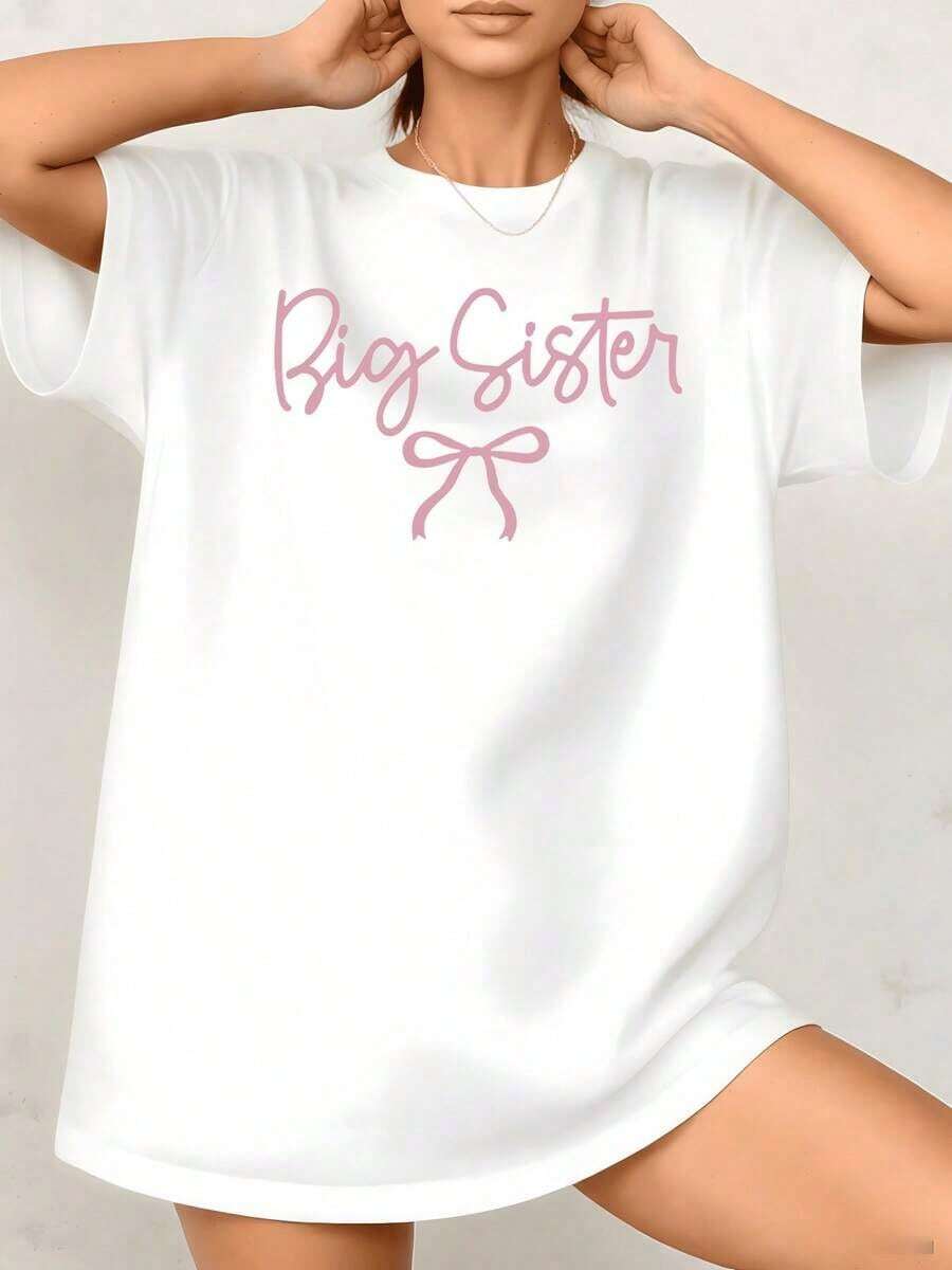 Women's T-Shirt With "Big Sister" Bow Graphic Print For Best Friends, 100% Cotton, Crew Neck, Casual Loose Fit, 1 Piece. Excellent Gifts For Friends And Family, Everyday Wear, Birthday Gift, Sister Gift. - 白色 - 查看 1