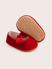 1 Pair Solid Color Newborn Baby Girl Flat Bow Elastic Slip-On Fashion Versatile Cute Princess Shoes, Suitable For Spring And Autumn - Red - View 1