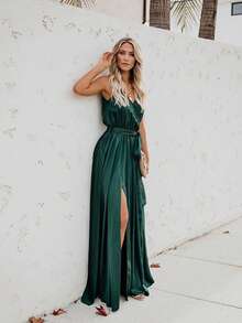 Women's Elegant Bohemian Maxi Dress, Plain V-Neck Sleeveless High Slit Full Skirt With Panel - 綠色 - 查看 9