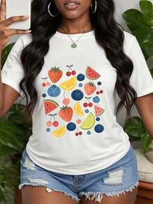 Casual Strawberry Print T-Shirt, Retro Strawberry Graphic T-Shirt, Vintage Fruit Illustration T-Shirt, Gift For Sweet Berry Lovers, Retro Style Clothing, Perfect Gifts For Grandma And Mom. - 白色 - 查看 1