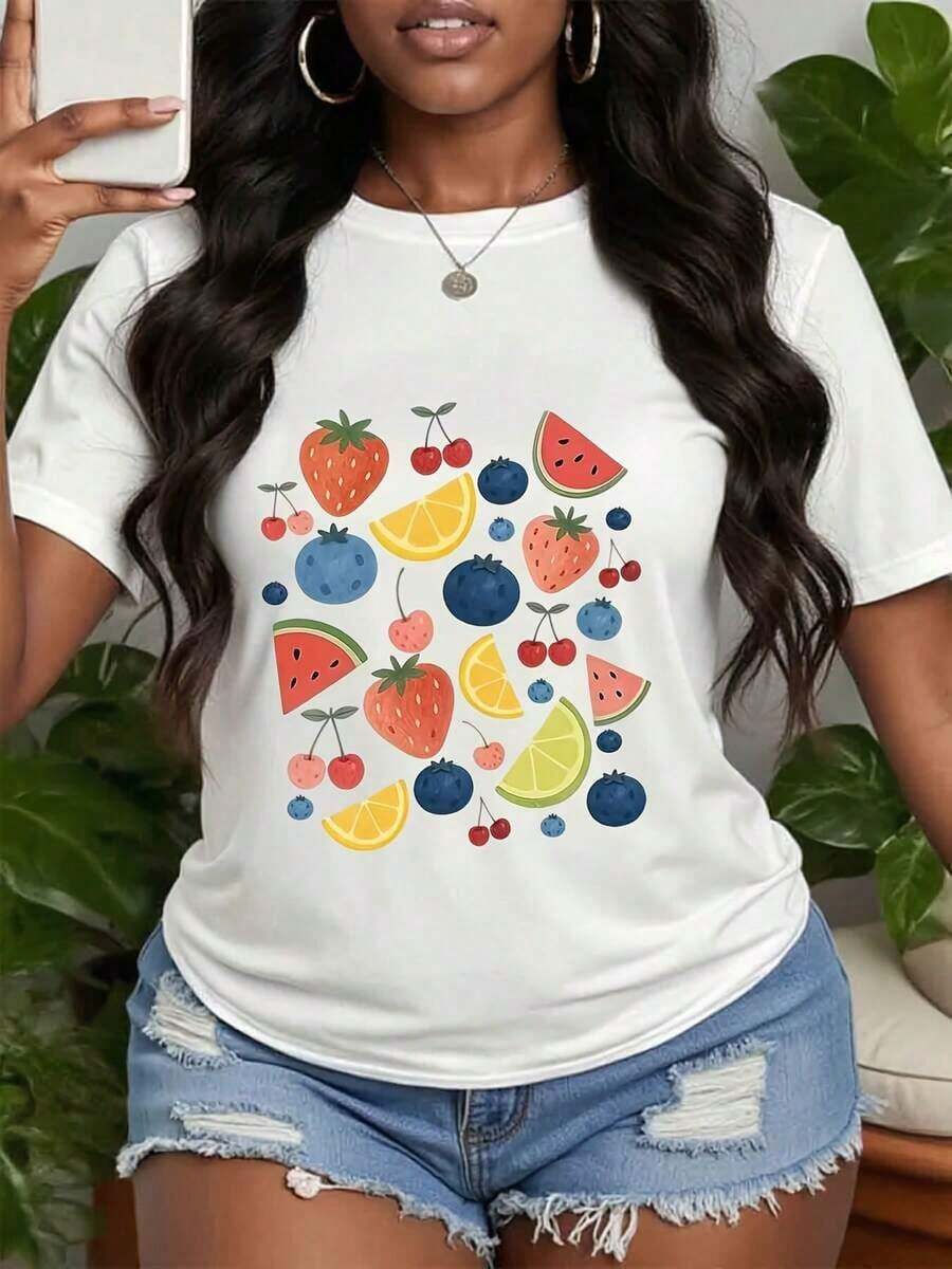 Casual Strawberry Print T-Shirt, Retro Strawberry Graphic T-Shirt, Vintage Fruit Illustration T-Shirt, Gift For Sweet Berry Lovers, Retro Style Clothing, Perfect Gifts For Grandma And Mom. - 白色 - 查看 1