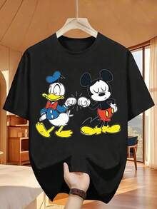 Disney Men's Fashionable Crew-Neck T-Shirt With Classic Black-And-White Retro Cartoon Print, Featuring Mickey Mouse And Donald Duck With A Fist-Greeting Motif, Made Of Twill Fabric, Simple And Versatile In Styling. - màu đen - Xem 6