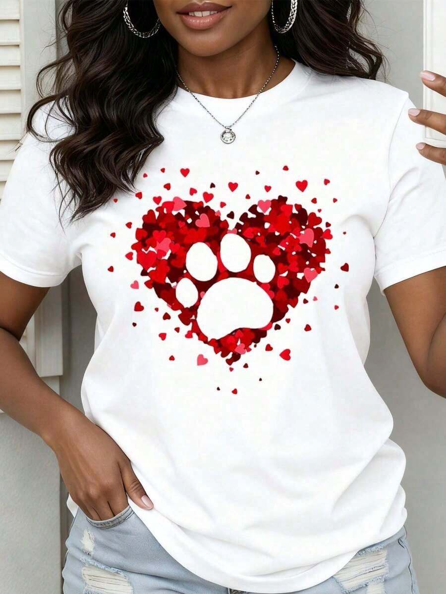 Under The RadarHeart Pet Paw Print T-Shirt For Pet Lovers, Women's Valentine's Day Gift, Romantic And Adorable Design, White Cotton T-Shirt, Vintage Urban Style, Unisex, Loose Fit, Short Sleeve And Crew Neck - 白色 - 查看 1