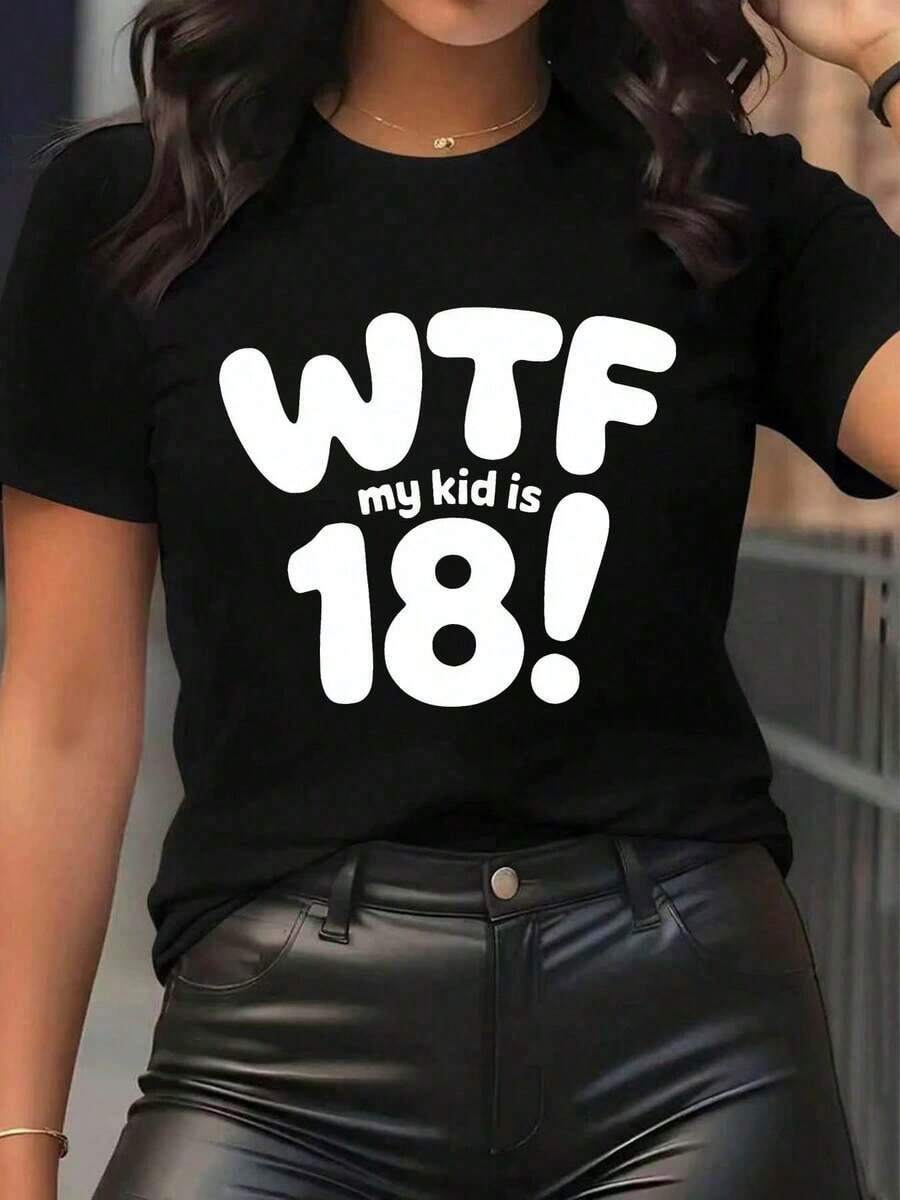 T-Shirt With 18 Letters "My Is" Print, Short Sleeve, Round Neck, Casual Summer Top, Women's Clothing, Women's T-Shirts - 黑色 - 查看 1
