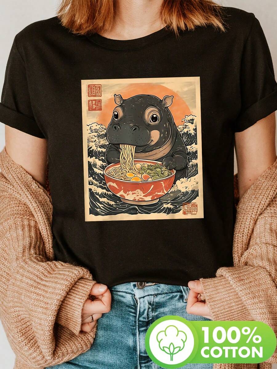 T-Shirt With A Hippopotamus Eating Ramen Print, Short Sleeves And Round Neck, Casual Top For Summer And Spring, Women's Clothing[COD] - 黑色 - 查看 1