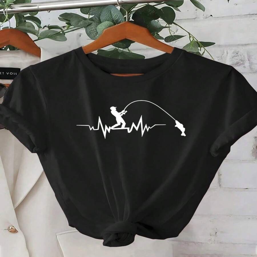 Camiseta con gráfico de latido de corazón para pesca, camiseta estampada, casual para mujer, vacaciones, manga corta, cuello redondo, primavera y verano, lavable a máquina, ropa nueva para mujer, versátil estilo urbano, talla S-XXXL - Negro - Ver 1